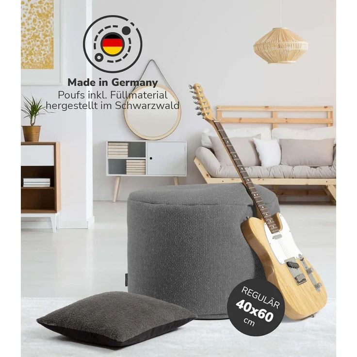 mokebo® Nachhaltiger Indoor Pouf 'Der Ruhepouf', aus Recyclingstoff, runder Sitzpouf & Beistelltisch mit EPS-Perlen Füllung, Made in Germany | Recyclingstoff in Grau – Bild 3