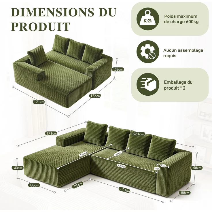 ZUBALIYA Sofa, modular kombinierbar, H 58 × T 168 × B 261 cm, Grün, Cord – Bild 23