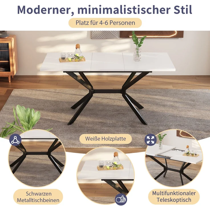 Esstisch weiß mit Teleskopfunktion, verstellbarer Ausziehtisch für 4–6 Personen aus MDF mit schwarzem Metallgestell – Bild 5