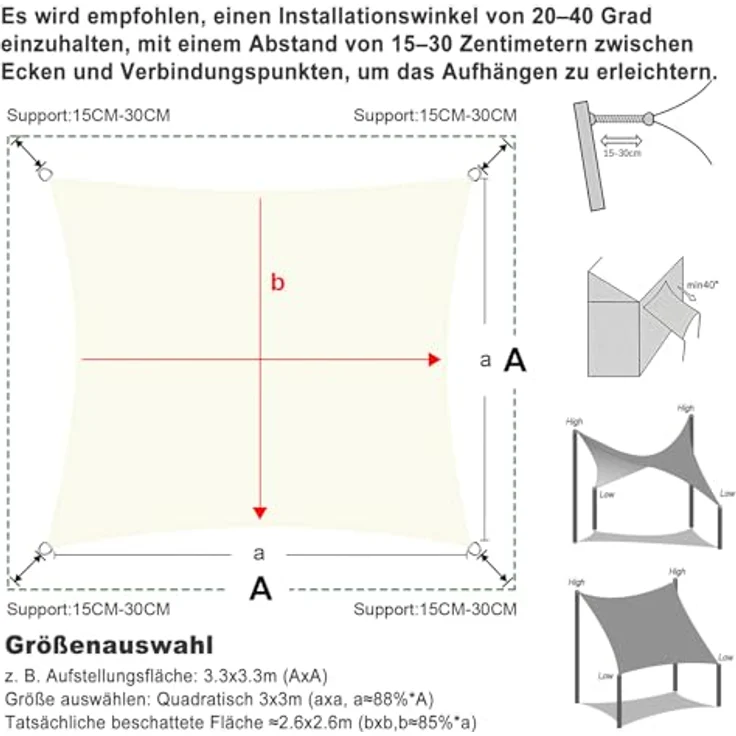 SUNNY GUARD Sonnensegel Wasserdicht 3x3m Rechteckig Sonnenschutz Wetterschutz Segel Baldachin UV Schutz für Balkon Terrasse Garten, Dunkler Creme – Bild 5