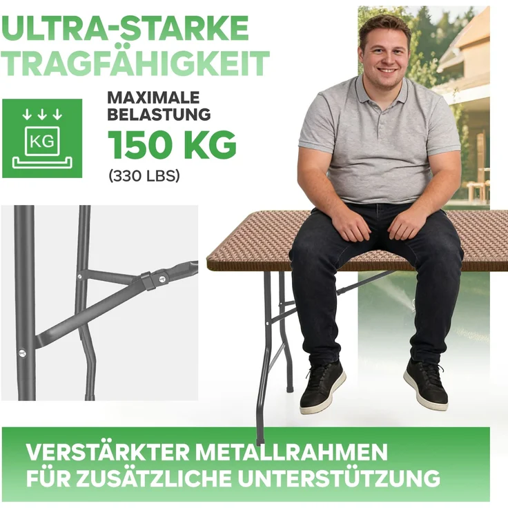 Eiryss Klappbarer Gartentisch 180x70cm, Outdoor Campingtisch für 8, braun mit Rattanoptik-Kunststoffplatte, Metallrahmen, 150kg, 3 Sicherheitsschlösser, leichter Buffetstisch für Garten, Balkon, Picknick – Bild 3