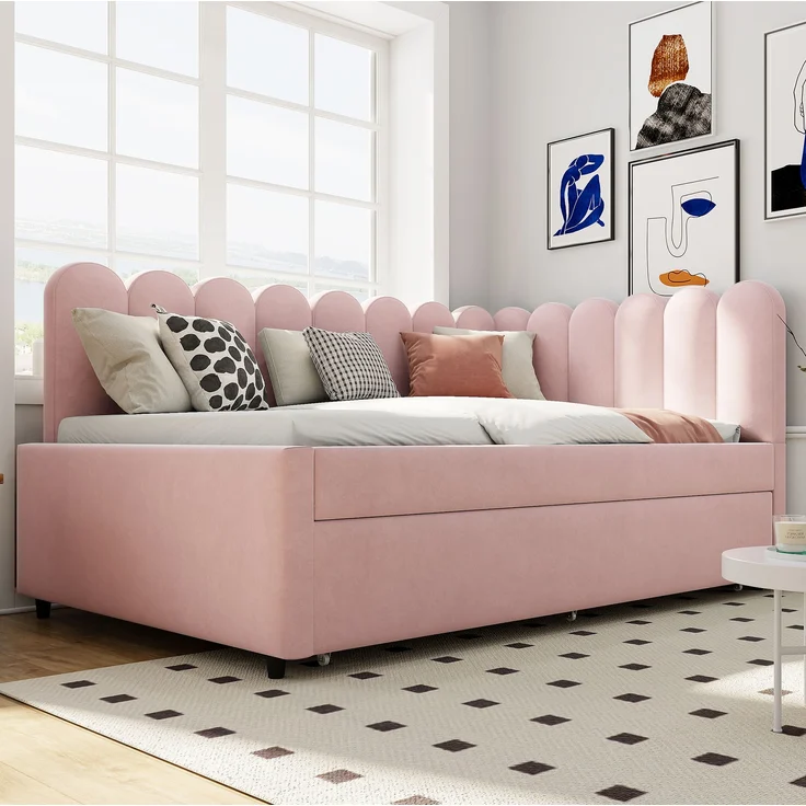 Polsterbett 140x200 cm aus Samt mit Ausziehbett – L‑förmiges Schlafsofa mit blütenförmiger Rückenlehne – Bild 3