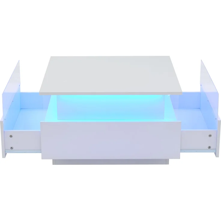 Couchtisch, mit LED-Beleuchtung, 2 Schubladen & transparentem Display, 70x70x41 cm, Weiß – Bild 2