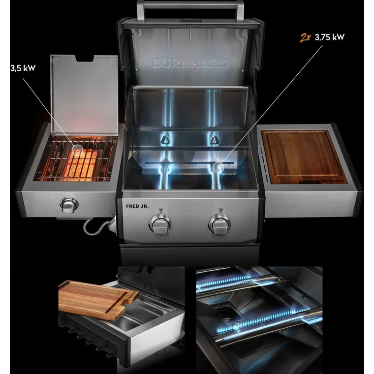 BURNHARD® FRED Jr. Deluxe Gasgrill 2-Brenner, Gusseisenrost, Edelstahl - Silber - #947120 – Bild 2