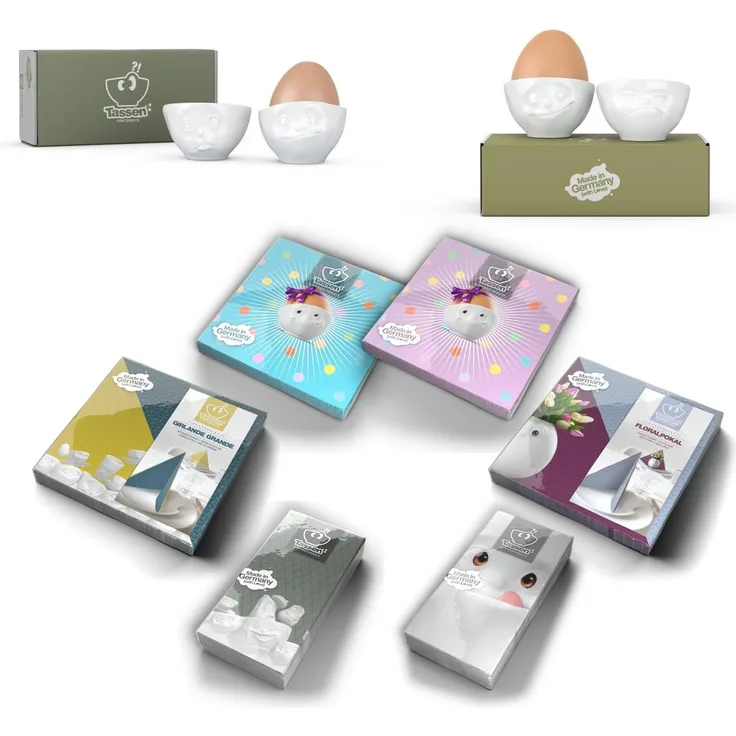 Fiftyeight 4er Eierbecher Set - LECKER & OCH BITTE & GLÜCKLICH & HMPFF - weiß +
