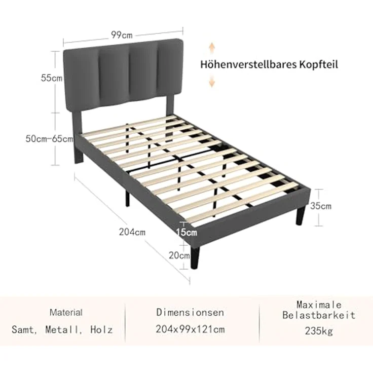 VECELO 2er-Set Polsterbett 90x200 cm, Einzelbett mit Samt-Kopfteil und Lattenrost, hautfreundlich, aus legiertem Stahl, ohne Matratze, Grau – Bild 2
