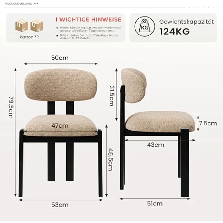 MALOL Esszimmerstühle 4er Set, Moderne Polsterstuhl Essstühle mit Fester Rückenlehne, Stoff Esszimmerstühl mit Holzbein für Esszimmer, Küche, Restaurant, Mit schwarzen Beinen, Kamel – Bild 2