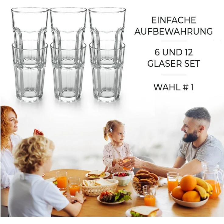 KONZEPT Gläser-Set Wassergläser Set 270/350/410 ml, Trinkgläser Set, Gläser Set Stapelbar, 6-tlg, 6-tlg, 270 ml, Perfekt für Saft, Cocktails, Latte Macchiato – Bild 3