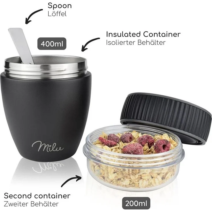 Milu Müslibox Müslibecher To Go Edelstahl 400 ml, isoliert, auslaufsicher, Müslimax Set – Bild 4