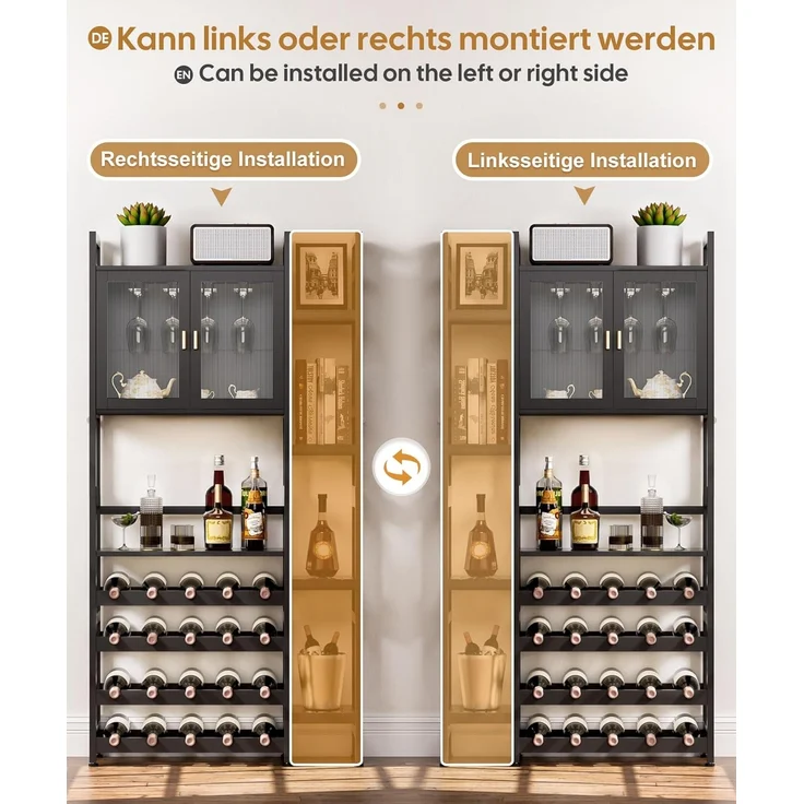 Yorbay Weinregal Freistehender Bodenständer in Schwarz mit Glastüren 4-Etagen, Weinflaschen-Display mit Seitentablaren & Glasaufbewahrung – Bild 7