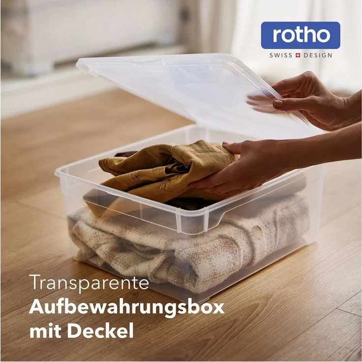 ROTHO Stapelbox Clear Box 18L Aufbewahrungsbox transparent stapelbar mit Deckel (4er-Set, 4 St, Stapelboxset)