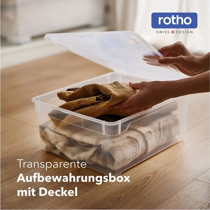 ROTHO Stapelbox Clear Box 18L Aufbewahrungsbox transparent stapelbar mit Deckel (4er-Set, 4 St, Stapelboxset)