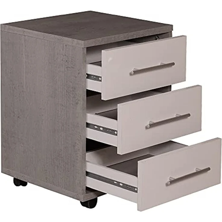 Dmora Bürokommode mit 3 Schubladen auf Rollen, Dokumentenhalter, eleganter Schreibtisch-Nachttisch, cm 43x40h57, Farbe Zement und Weiß – Bild 5