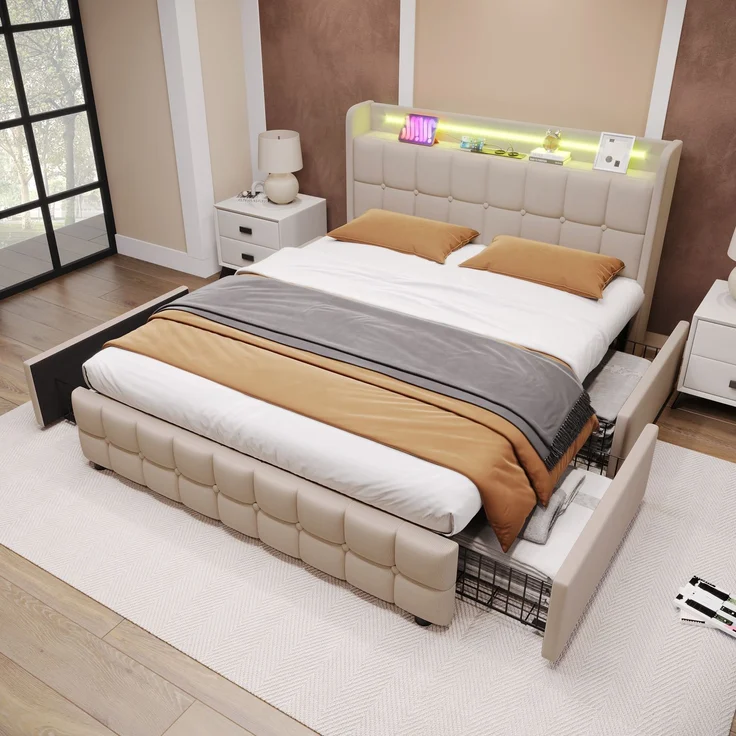 Einzelbett 160 × 200 cm mit Steckdosen,USB-Anschlüssen und LED-Beleuchtung,4 Schubladen,Leinenbezug in Beige – Bild 5