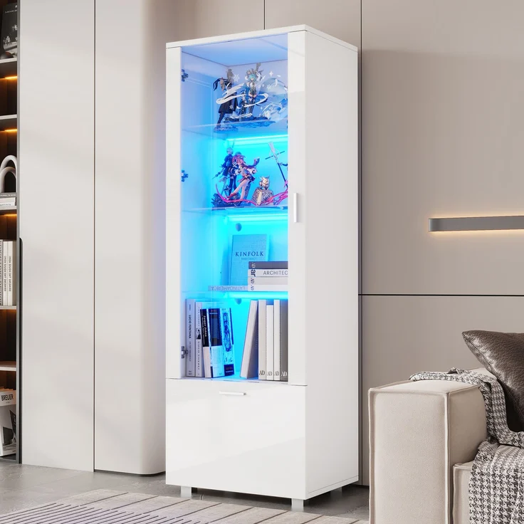 50*40*160cm Weiß Hochglanzvitrinen mit Acryltür, LED-beleuchtete Acryl-Vitrine, Vitrinen für Sammlerstücke, Parfümschränke, Bücherregale und Acryl-Vitrine mit Weiß Hochglanztüren (3 Fachböden)--Weiß--50x40x160cm--YOUDENOVA – Bild 3