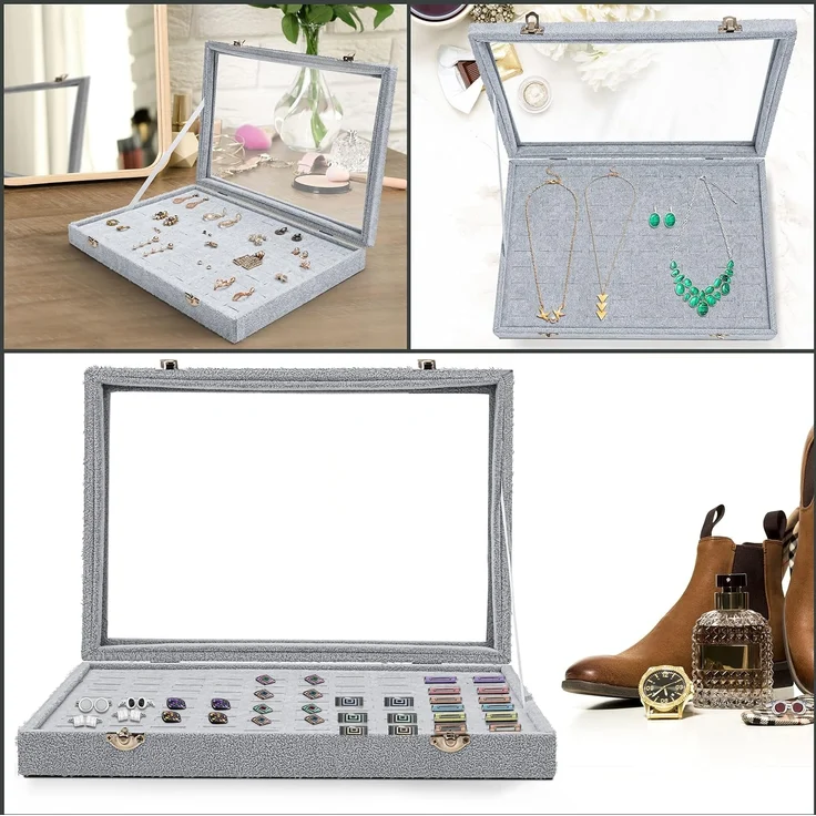 Belle Vous Schmuckständer Graue Schmuckaufbewahrungsbox: Ringbox mit 100 Fächern & Glasdeckel, Jewelry Storage Box: Gray Ring Box with 100 Compartments & Glass Lid – Bild 7