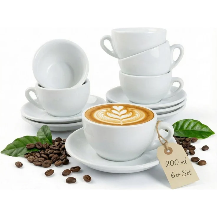 MUVELL Cappuccinotasse 6er Cappuccino-Set "VERONA" Tasse 200ml + Untertasse, weiß, 6-tlg, Keramik, 200 ml Weiß mit weißen Rand und Innenfläche – Bild 1
