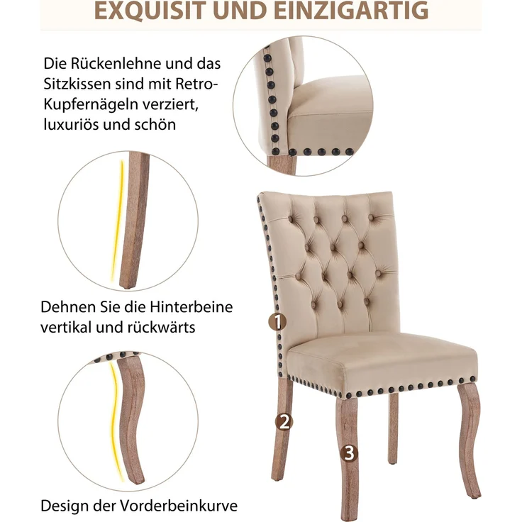 2er Set Esszimmerstuhl Samt gepolstert Massivholz mit Kupfernägeln, modernes Design, komfortabler Sessel,Helles Kamel – Bild 9