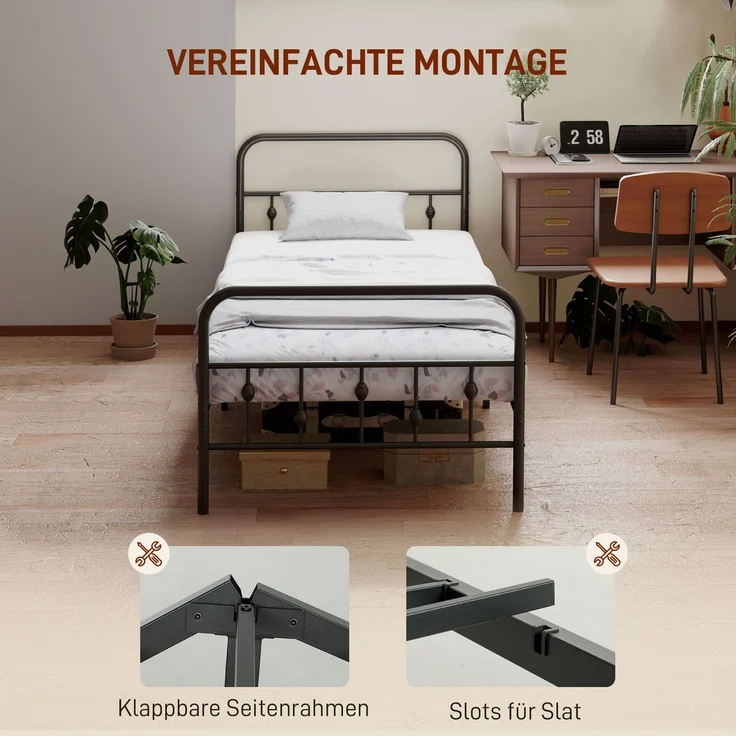 Einzelbettgestell aus Metall, leichte Montage, mit geräuschreduzierenden Gummikits, Schwarz--Schwarz--206.9x91.8x82.5cm--YOUDENOVA – Bild 6