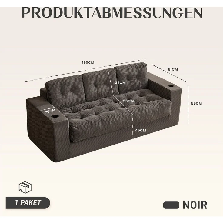LITBIRD Sofa Bodensofa 3-Sitzer 190 cm, modulares Kordstoff Sofa mit Rückenlehne, 1 Teile, Jugend- & Studentensofa, bequemes Relax Sofa – Bild 2