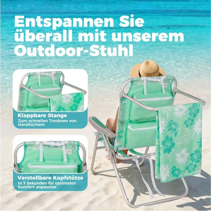 HOMECALL Klappstuhl Strandstuhl Leicht Klappbar Camping, 5-fach verstellbare Rückenlehne (Bis150KG Aluminiumrahmen, groBe Kuhitasche und Aufbewahrungstasche, 1 St), Seitentaschen, Kopfstütze, Schultergurten, Handtuchhalter – Bild 4
