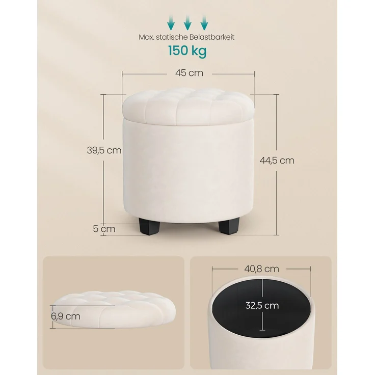 SONGMICS Sitzhocker rund, Fußhocker mit Stauraum, Schminkhocker mit Füßen, 45 x 45 x 44,5 cm, Samt, bis 150 kg belastbar, für Wohnzimmer Schlafzimmer, cremeweiß – Bild 3