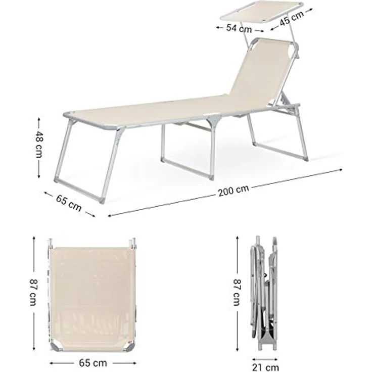 Songmics Sonnenliege mit Dach, Liegestuhl, Gartenliege, Aluminium, groß, 65 x 200 x 48 cm, bis 150 kg belastbar, Rückenlehne verstellbar, klappbar, Garten, Balkon, Terrasse, beige GCB26BE – Bild 4