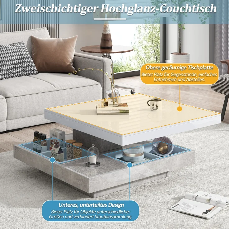 Couchtisch 70 x 70 x 36 cm, moderner Hochglanz-Wohnzimmertisch in Weiß mit marmorfarbenem Sockel – Bild 7