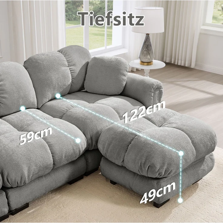 U-förmiges Sofa aus Chenille mit Steppdesign, flexible Module, 260x149x90 cm, Hellgrau – Bild 5