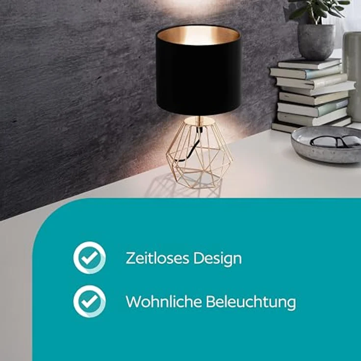 Eglo 95787 Tischleuchte Carlton 2 Stahl, Textil kupfer ,schwarz E14 1X40W H:30,5 Ø16,5cm mit Kabelschalter – Bild 3