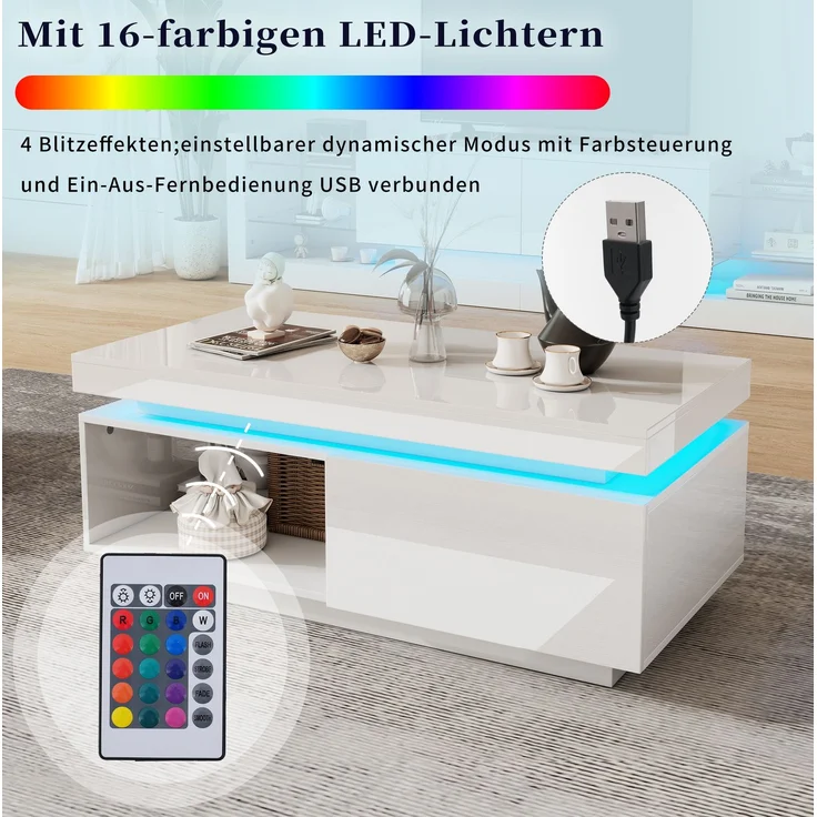 Couchtisch 100x50x40,3 cm mit Hochglanz-Oberfläche, LED-Beleuchtung, 1 Schublade, robuster Spanplatte – Bild 4