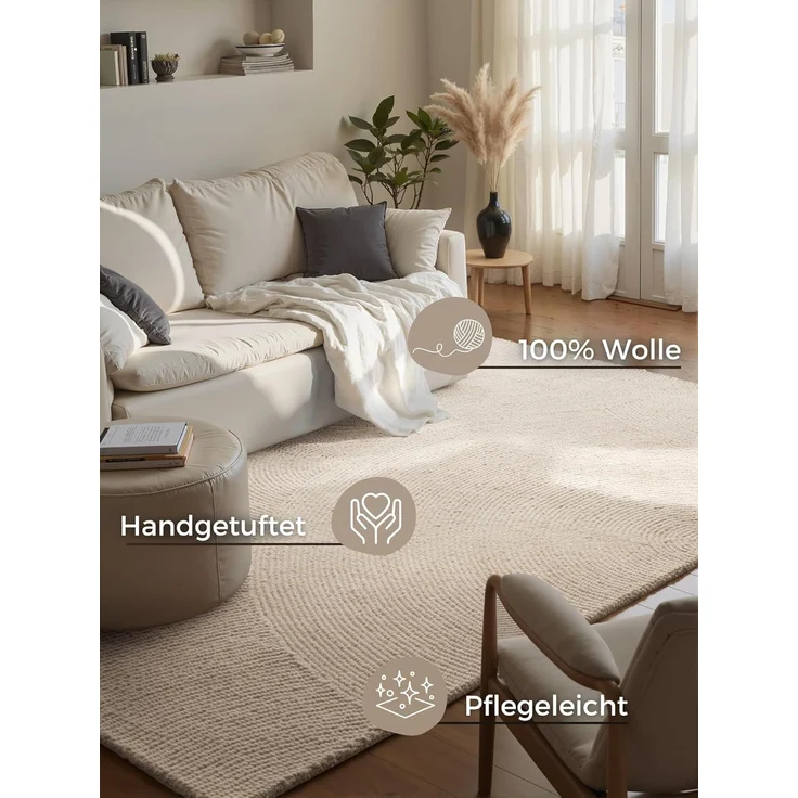 HANSE Home Wollteppich Calmio, auch als Läufer und in rund, rechteckig, Höhe: 18 mm, Handgetuftet, Wolle, Natur, Wohnzimmer, Schlafzimmer, Skandi, Hygge – Bild 3
