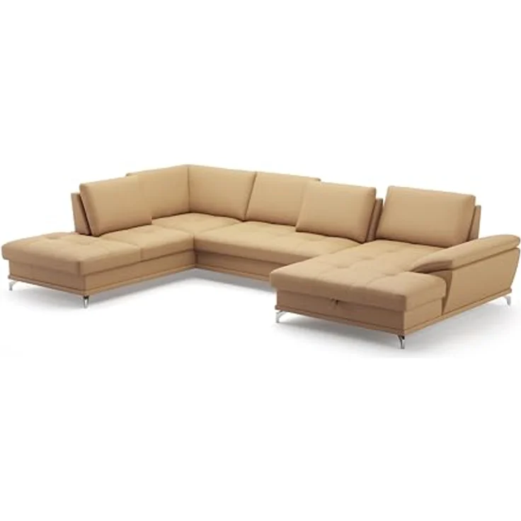 Cavadore Wohnlandschaft Castiel mit Federkern / Sofalandschaft mit großem Longchair, Sitztiefenverstellung und satinierten Metallfüßen / 363 x 89 x 223 / Echtleder, Beige – Bild 5