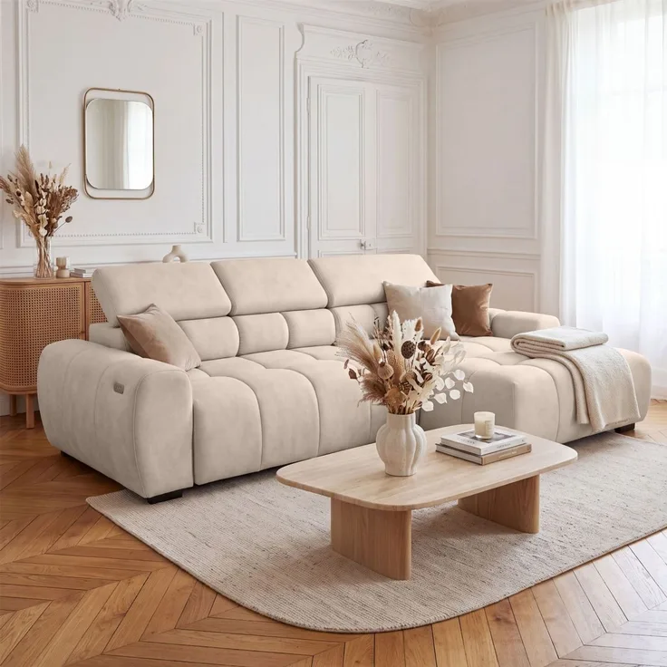 Ecksofa Schlafsofa VELUNIO RELAX in Stoff Salvador Creme Ottomane Rechts