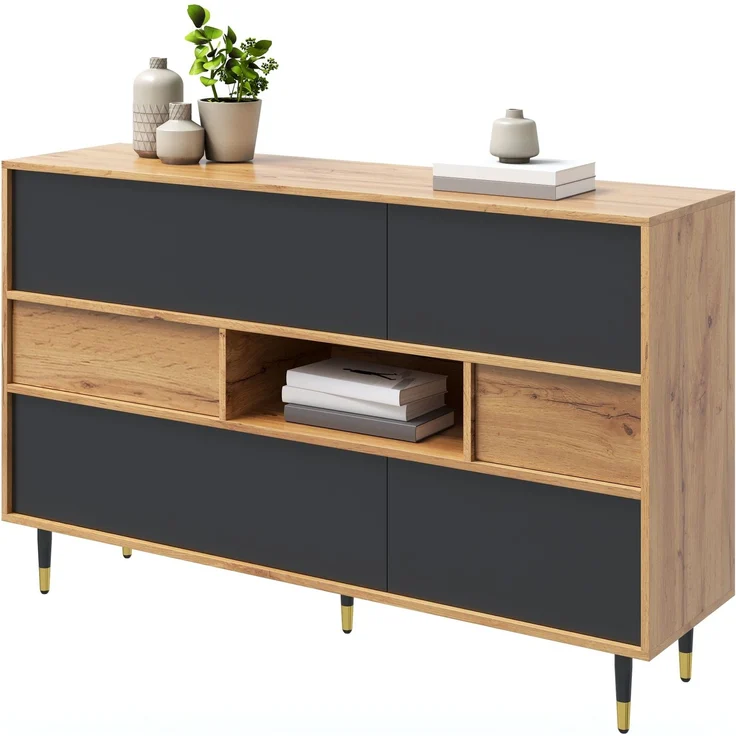 Merax Sideboard, Wohnzimmerschrank, Esszimmer-Schrank, Flurschrank, Multifunktionaler Sideboard Holz-Schwarz Kombination, 2 Schubladen, Staurschrank Esszimmer – Bild 10