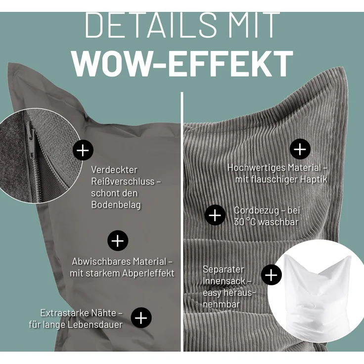 Lumaland Sitzsack Classic XXL All-in-One Set | Riesen Sitzsack XXL mit Cord & Outdoor Bezug für drinnen & draußen | Sofa Sessel mit im Innensack sicher verpackter EPS-Füllung – Hüllen Easy wechselbar – Bild 7