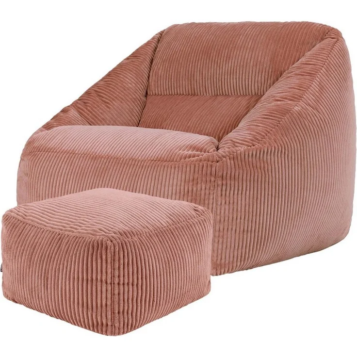 Icon Natalia Sitzsack Sessel mit Hocker für Erwachsene, Rosa, Flauschiger Cord Stoff, Riesen Sitzsack Samt mit Füllung, Bean Bag Chair, Bequemer Sessel Wohnzimmer, Lounge, Schlafzimmer, Büro – Bild 1