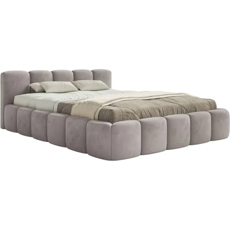 Selsey Polsterbett 140x200 cm Modernes Bettgestell mit Lattenrost Elegantes Design in Hellgrau Welur Piano Robuster Holzrollrost für Komfort Bodenschonende Kunststoffgleiter Max Belastung 250 kg – Bild 1