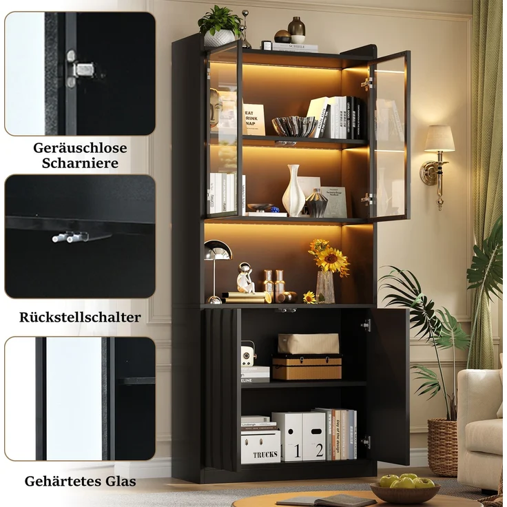 80x35x200cm LED Vitrine, Hochschrank mit Glasschranktüren, Hochschrank Glasvitrine mit LED und Offene Partition,Wohnzimmerschrank mit Glastüren, Küche, Arbeitszimmer, Eingangsbereich,Schwarz--Schwarz--80x35x200cm--YOUDENOVA – Bild 9