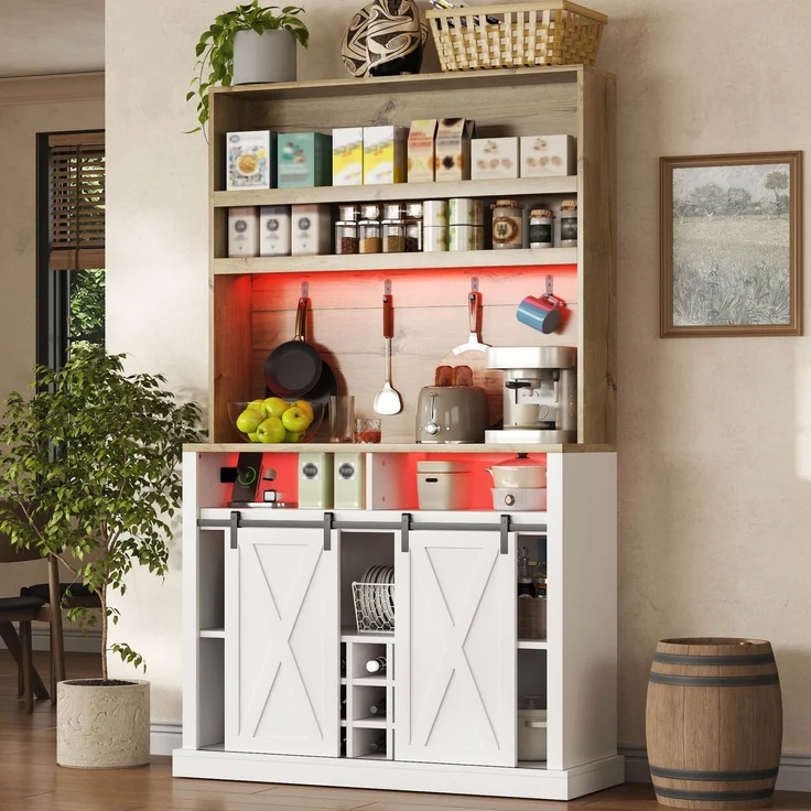 191 cm Küchenschrank, Hochschrank mit LED, Küchenregal mit Steckdose, Haken, Weinregal und Vitrine für Küche & Esszimmer--Natur + Weiß--110x40x191cm--YOUDENOVA – Bild 1