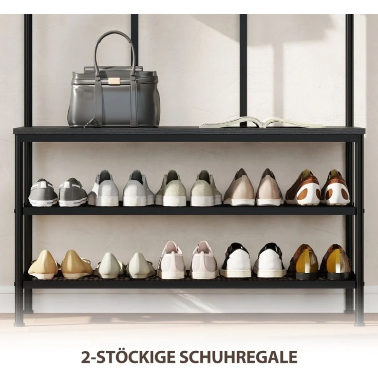Garderobenständer 104x42,5x18 cm mit Sitzbank, 6 Haken und 2-Ebenen-Schuhregal, Schwarz – Bild 5