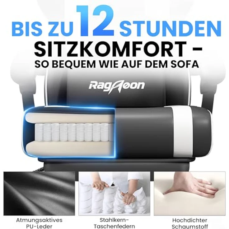 Riftracer Gaming Stuhl, ergonomischer Gaming Sessel mit verstellbarer Fußstütze, Kopfstütze und Lordosenstütze, Tragkraft 150 Kg, schwarz – Bild 4