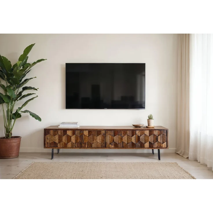 FINEBUY Lowboard TV Board Massivholz 160 cm 3D Fronten & Metallbeine (vier Türen, 160x40x35 cm, Massivholz 3D-Fronten), TV-Schrank Modern Fernsehtisch, TV-Kommode Niedrig – Bild 2