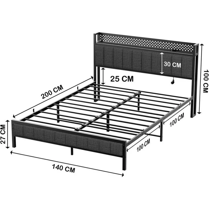 STILVORA Jugendbett Metallbett 140x200 Bettgestell bett mit Steckdose,led Beleuchtung (Eisenbett, Funktionsbett mit Lattenrost, 1-tlg, 27 cm Bodenfreiheit für extra Aufbewahrung, 140*200cm, ohne Matratze), mit schwarzem Metallrahmen, integrierten USB-A... – Bild 3