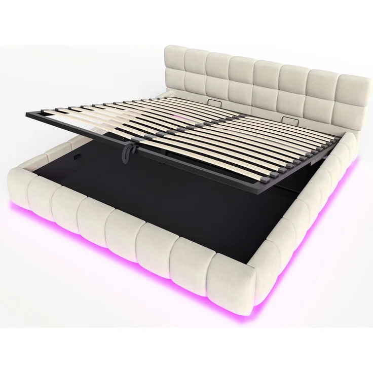 Merax Polsterbett 180 x 200 cm Doppelbett, Mit Lichtleiste, Kopfteil und Bettseiten mit voluminöser, Solider Formgebung, Ausgestattet mit hydraulischer Staufunktion, Samt, Beige – Bild 9