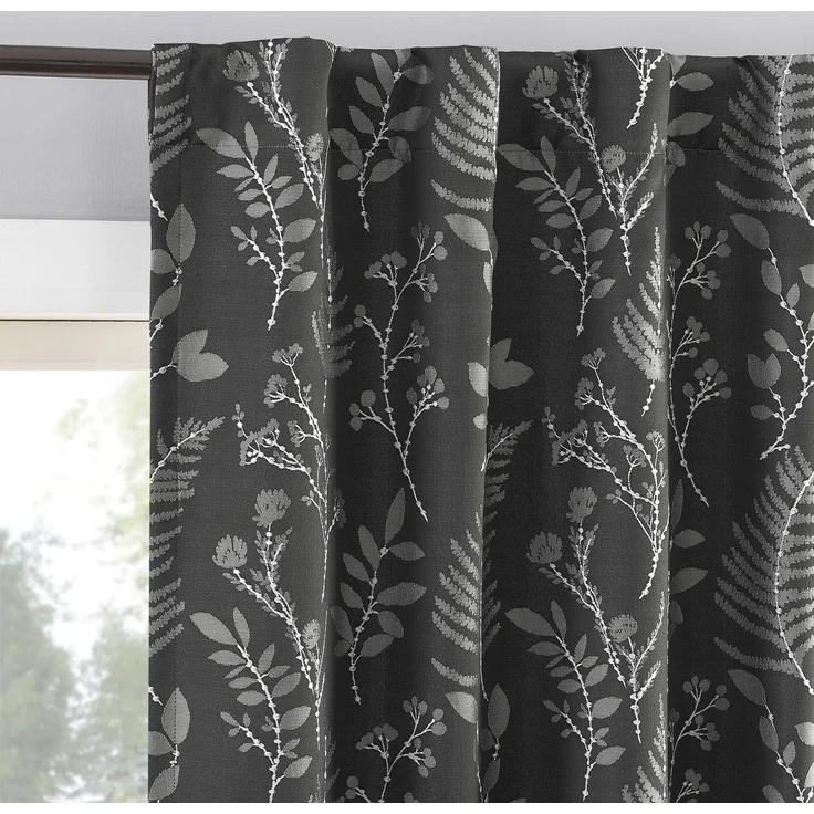 SUN ZERO Ambridge Vorhang, Bestickt, botanisches Blatt, plissiert, 100% Verdunkelung, 127 x 213,4 cm, Stahlgrau, 2 Stück