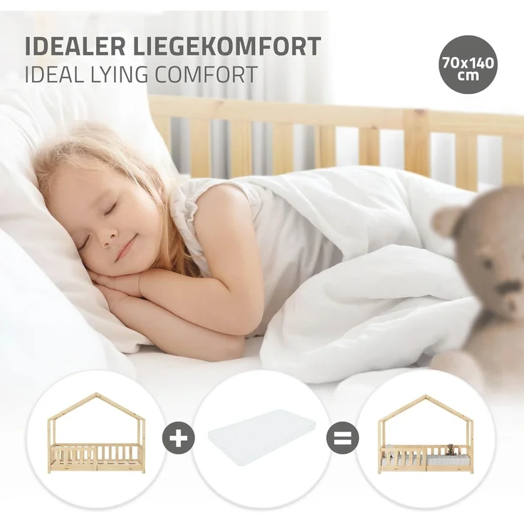 ML-DESIGN Spielbett Hausbett Kinderbett inkl. Lattenrost & Rausfallschutz Kinder Bodenbett, Abenteuerbett 70x140cm Haus Bett Himmelbett Kiefer Jugendbett Natur – Bild 5