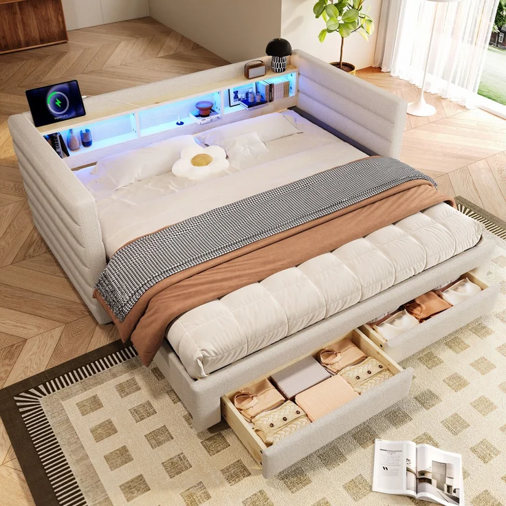 Merax Polsterbett, 90 × 190 cm, Tagesbett, Daybett, Schlafsofa, multifunktionales Ausziehbett-Design, USB- + Typ-C-Anschlüsse, mit 2 Schubladen, LED-Lichtleiste, Samt, beige – Bild 2