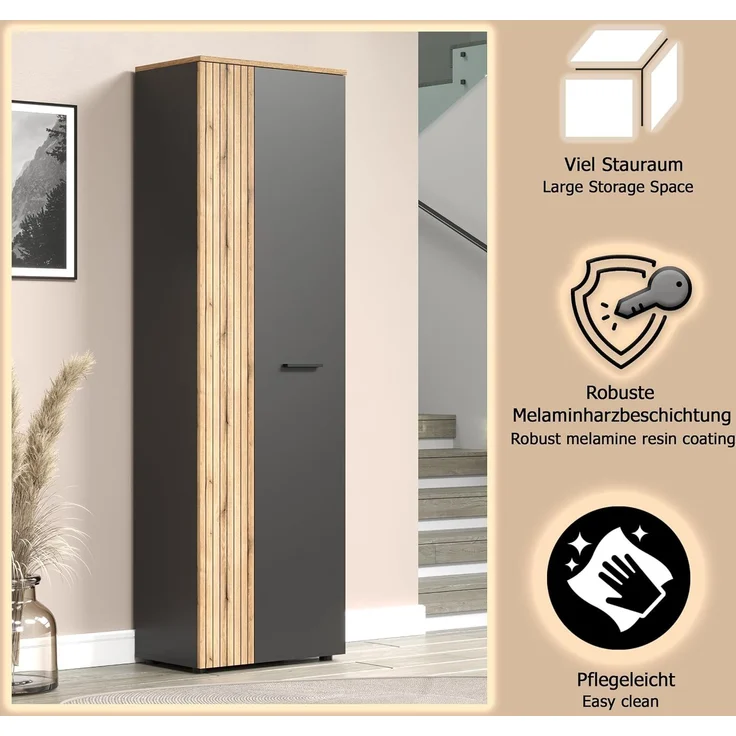 'Esteban' Garderobenschrank / Schuhschrank, Holz, grau und Eiche Evoke, 195 x 36 x 60 cm – Bild 12