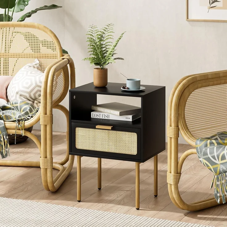 Nachttisch Rattan Schwarz Beistelltisch Schublade Möbel Gold Rahmen – Bild 6